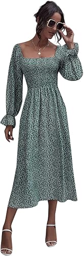 Floerns Womens Boho Maxi Dress Square Neck Smocked Long Puff Sleeve A-Line