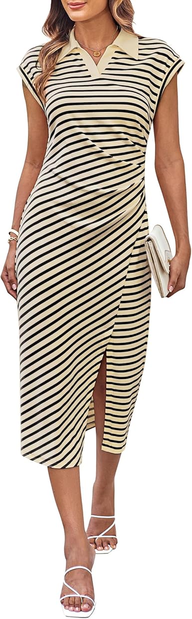 Womens GRACE KARIN Polo Midi Dress – Striped Stretch V Neck Ruched
