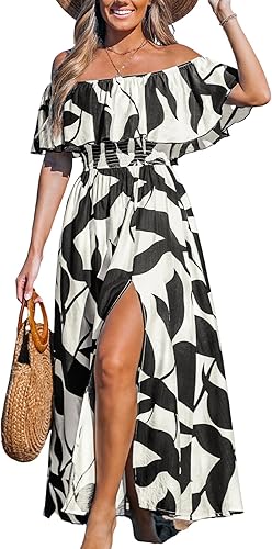 CUPSHE Women Maxi Dress Off Shoulder Ruffle Floral Summer Slit Beachwear