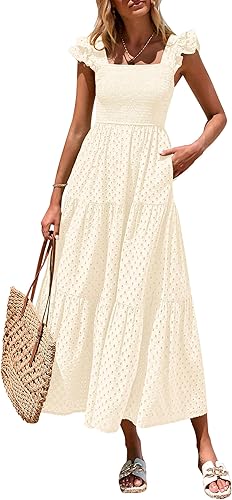 PRETTYGARDEN Cap Sleeve Maxi Dress Women Tiered Eyelet Long Summer Gown