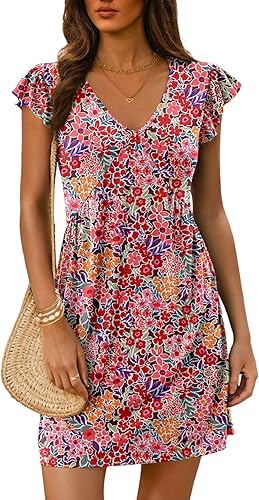 Dokotoo Womens V Neck Ruffle Mini Dress Summer Beach Loose Sundress 2025